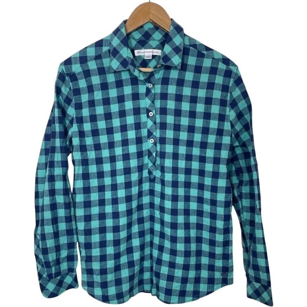 SOUTHERN TIDE Hadley Henley Popover Shirt Sz M Turquoise Navy Blue Linen Cotton